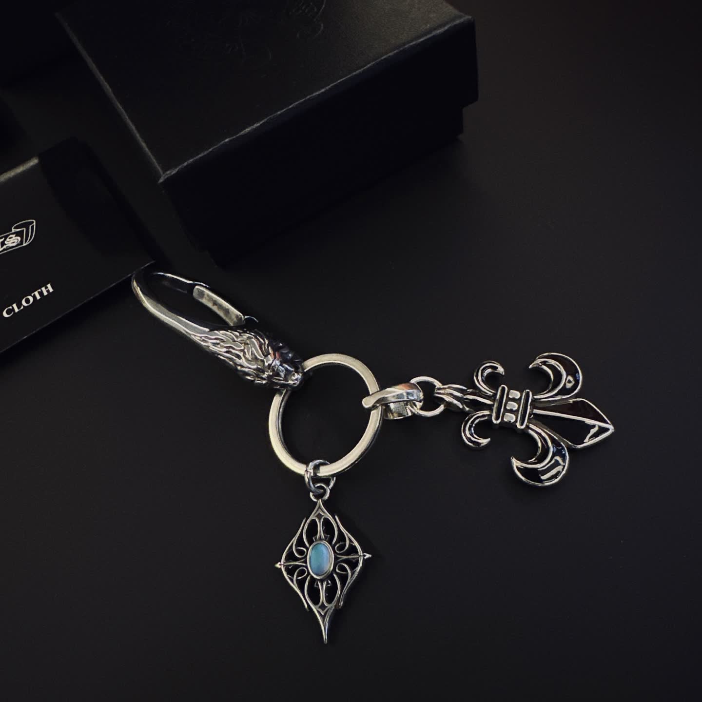 Chrome Hearts Silver Keychain with Fleur-de-lis and Gemstone